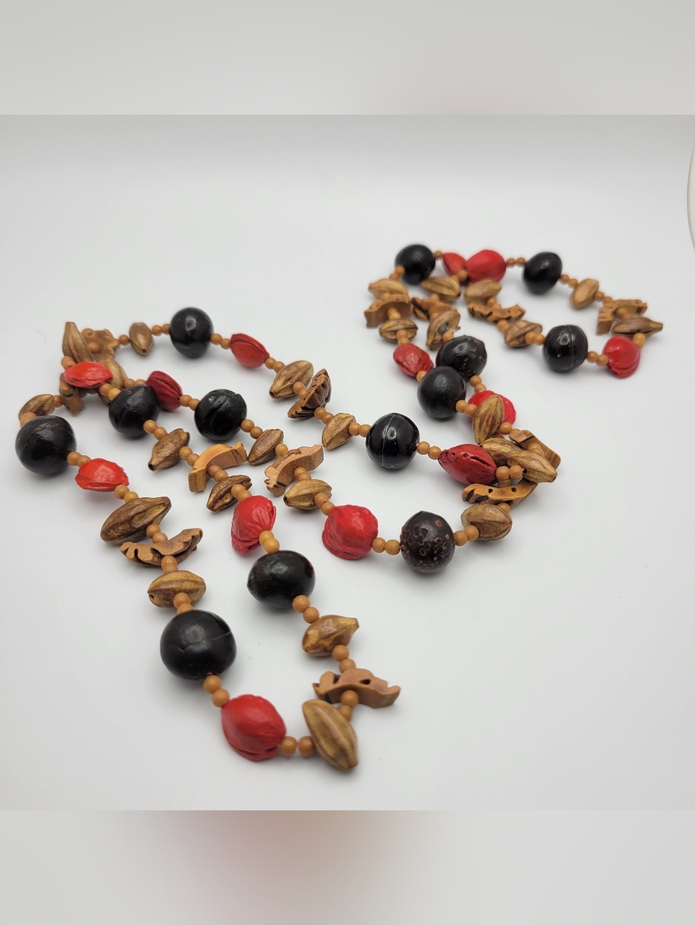Handcrafted Red, Black & Natural Wood & Nut Bead Necklace